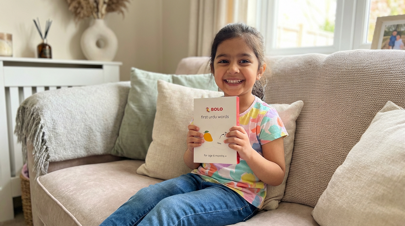 Child playing with Bolo Urdu early learning flash cards