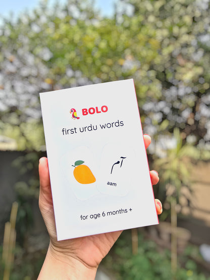 Parent holding a Bolo Urdu flash card with photo-realistic image and Urdu text